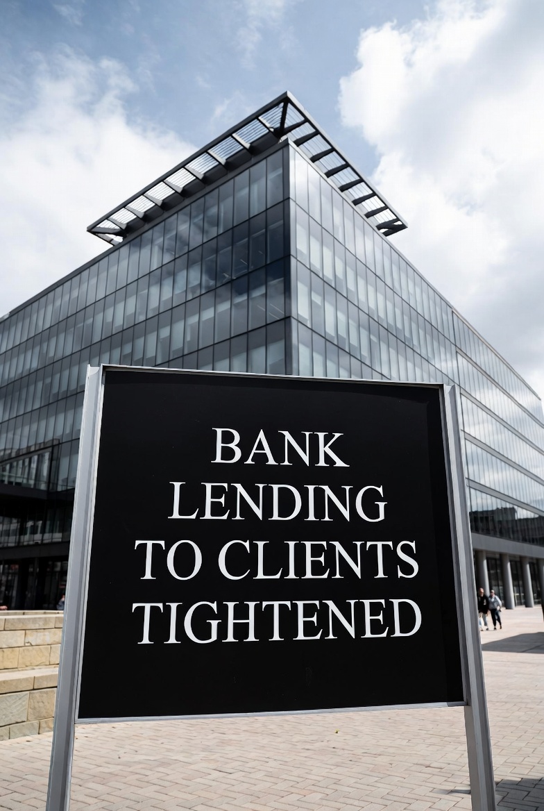Sign in front of a bank building reading: bank lending to clients tightened