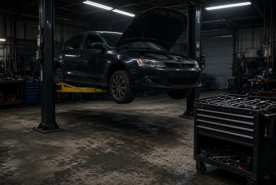 Service bay with a vehicle raised on a lift and a rolling toolbox on stained concrete