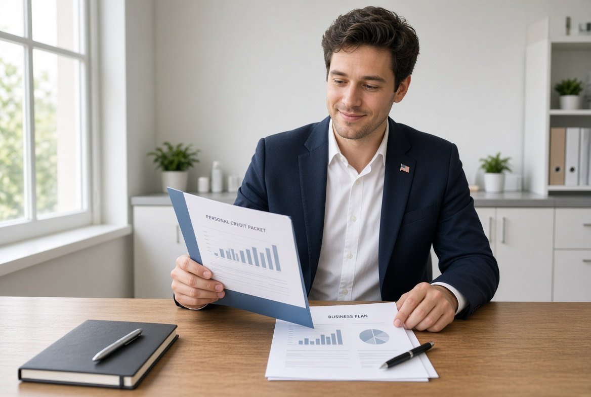 U.S. founder reviewing a personal credit packet and startup plan