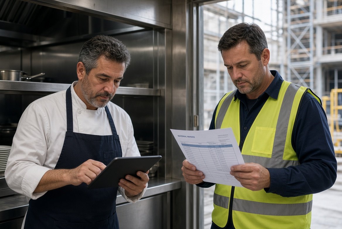 Restaurant owner and construction lead reviewing costs while invoices hit before cash