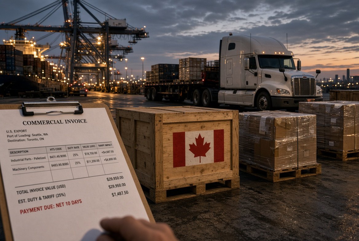 U.S.–Canada freight dock with a commercial invoice showing duty due before the customer pays