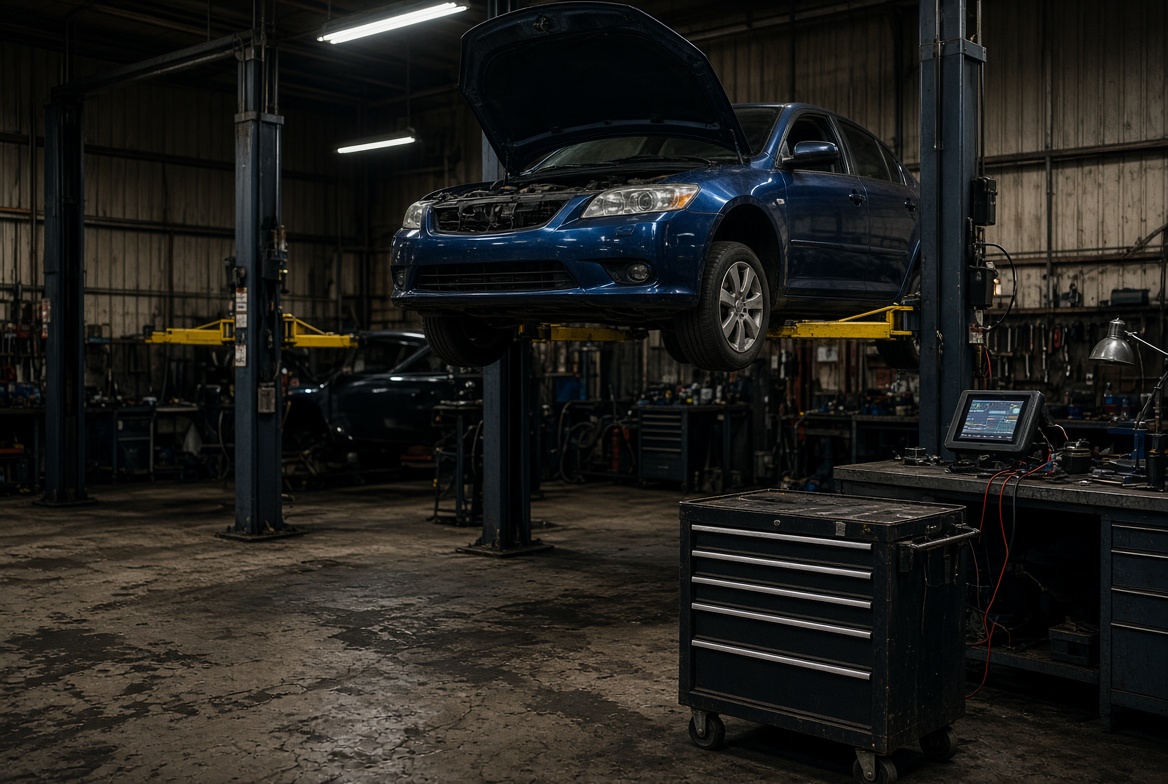 Independent auto repair bay with a sedan on a two-post lift and diagnostic tools ready for service
