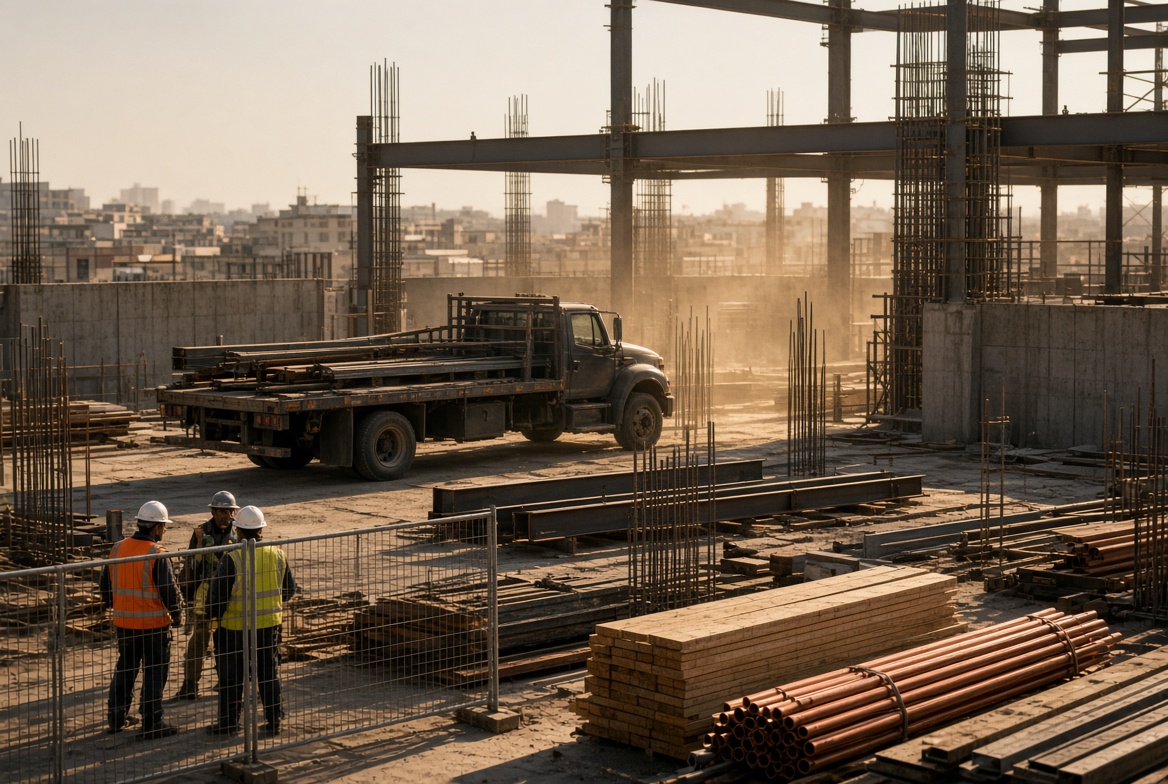 Active construction jobsite with steel, lumber, copper pipe, and a materials truck on a building pad
