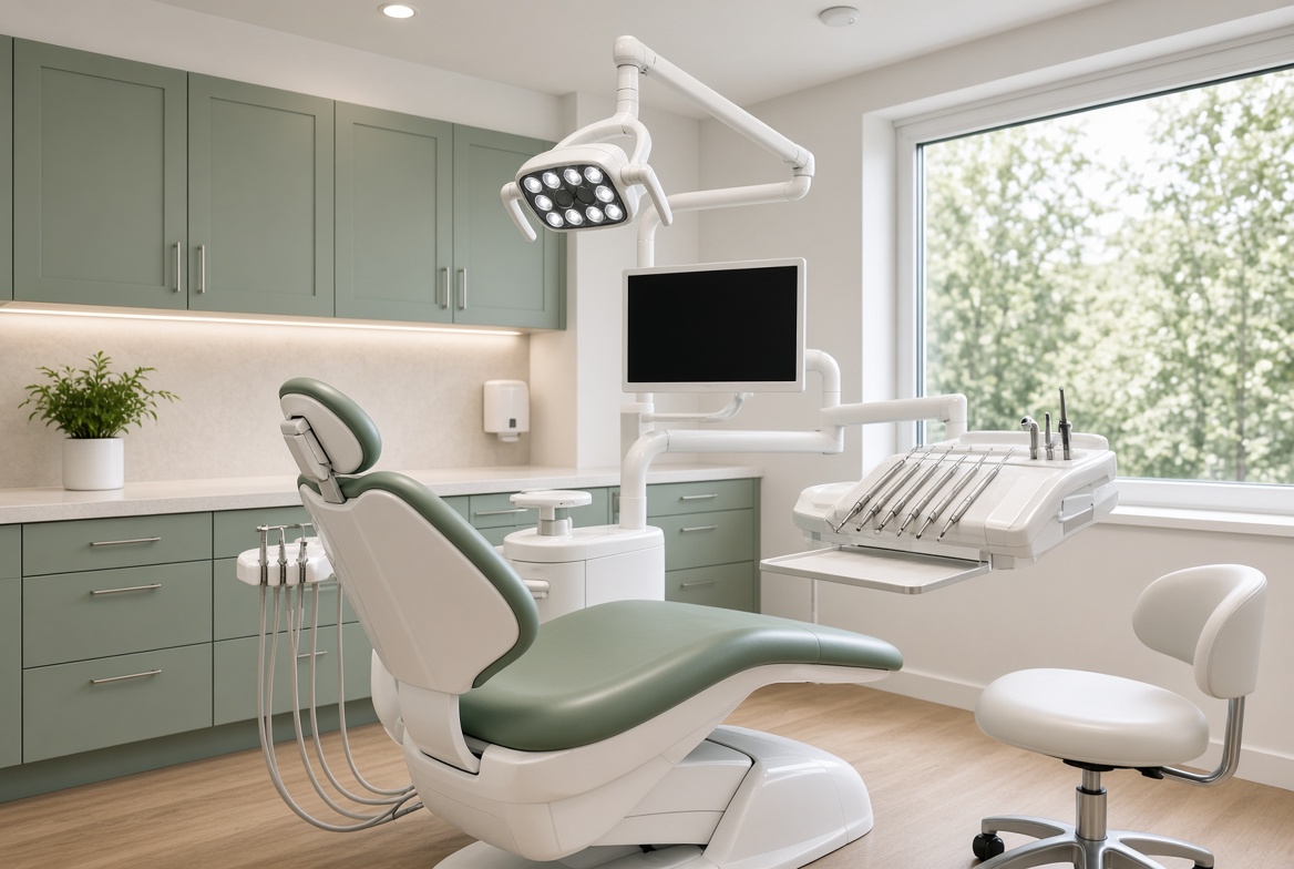 Modern dental treatment room with operatory chair, overhead light, and clinical cabinetry