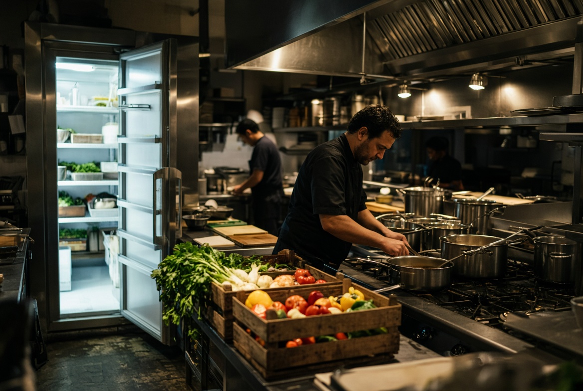 Independent restaurant kitchen with an open cooler, prep line, and cooks working the line