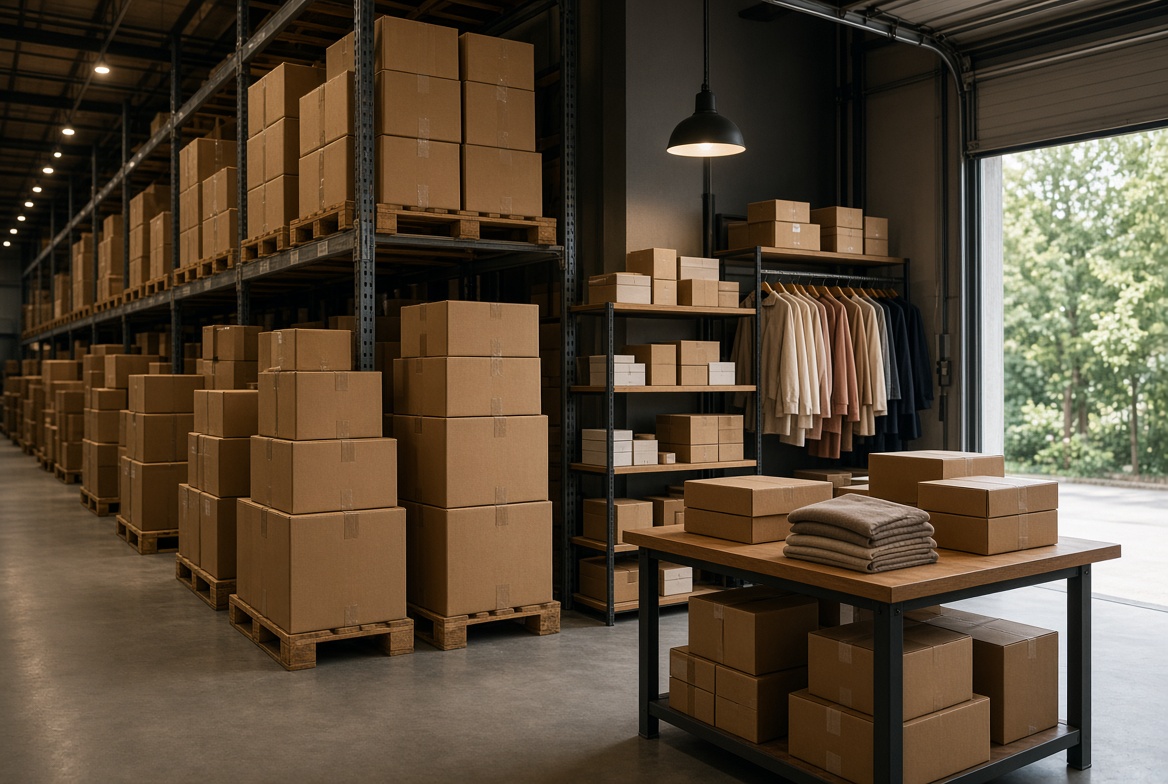 Retail and ecommerce inventory warehouse with palletized cartons and packed goods ready to ship
