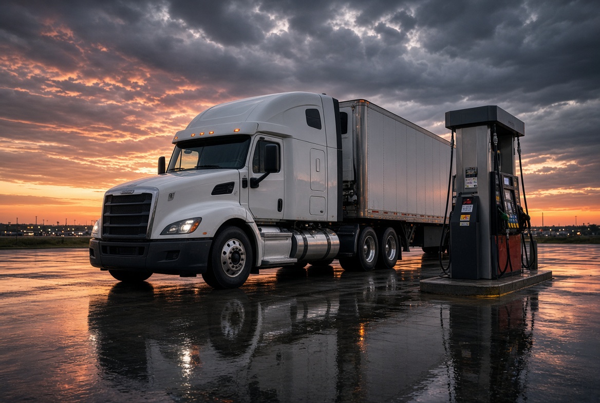 White owner-operator semi-truck at a fuel island at dusk with wet pavement reflections